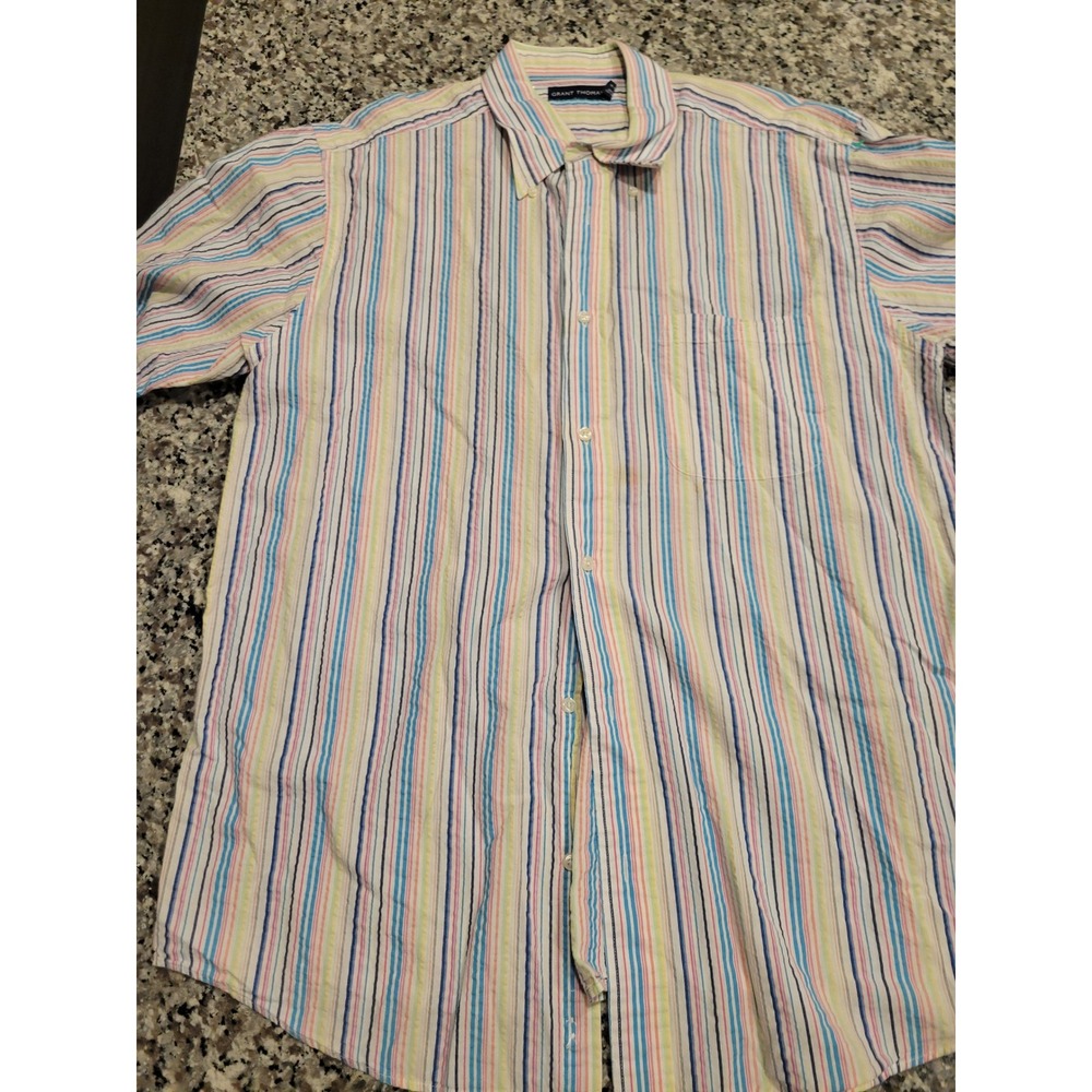 GRANT THOMAS Men's Short Sleeve Striped Button Down Shirt Size‎ L